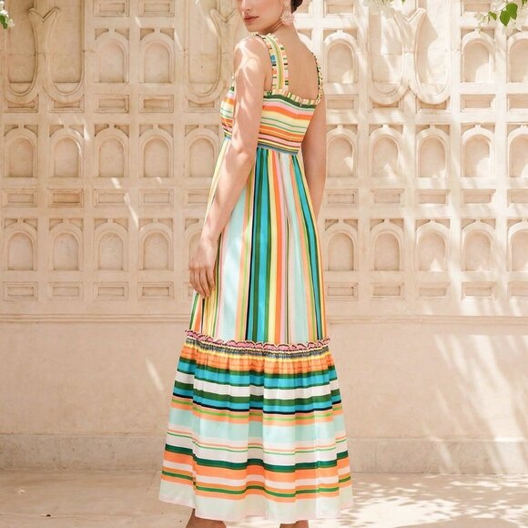 Pink Boho Women's Dress with Striped Floral Print, Square Neck, Ruched Straps - Picture 2 of 8